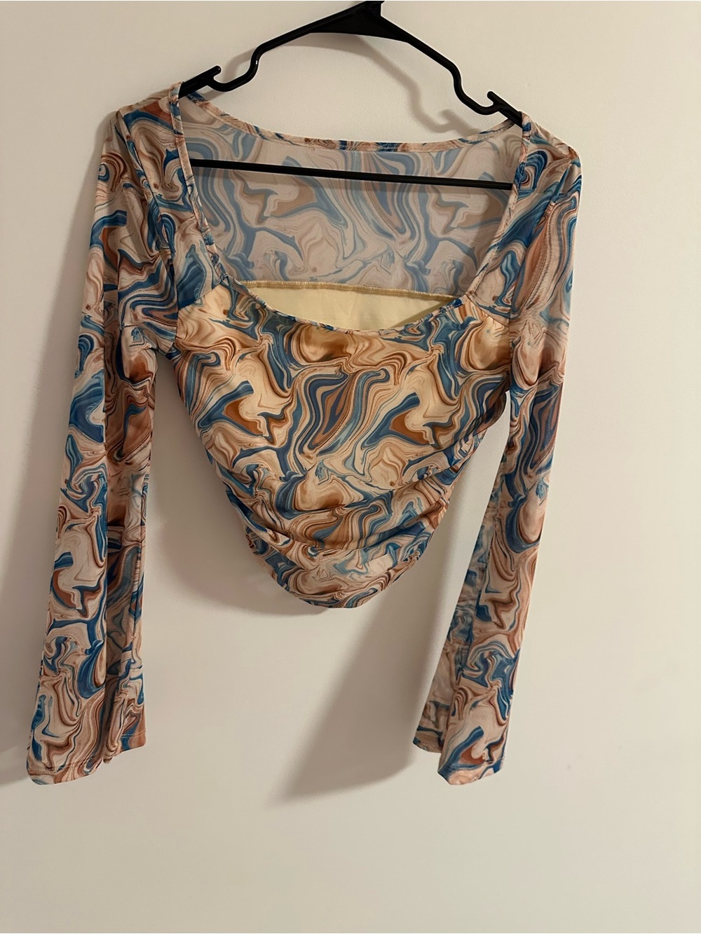 SHEIN Marble Print Long Sleeve Scoop Neck Top in Blue and Tan